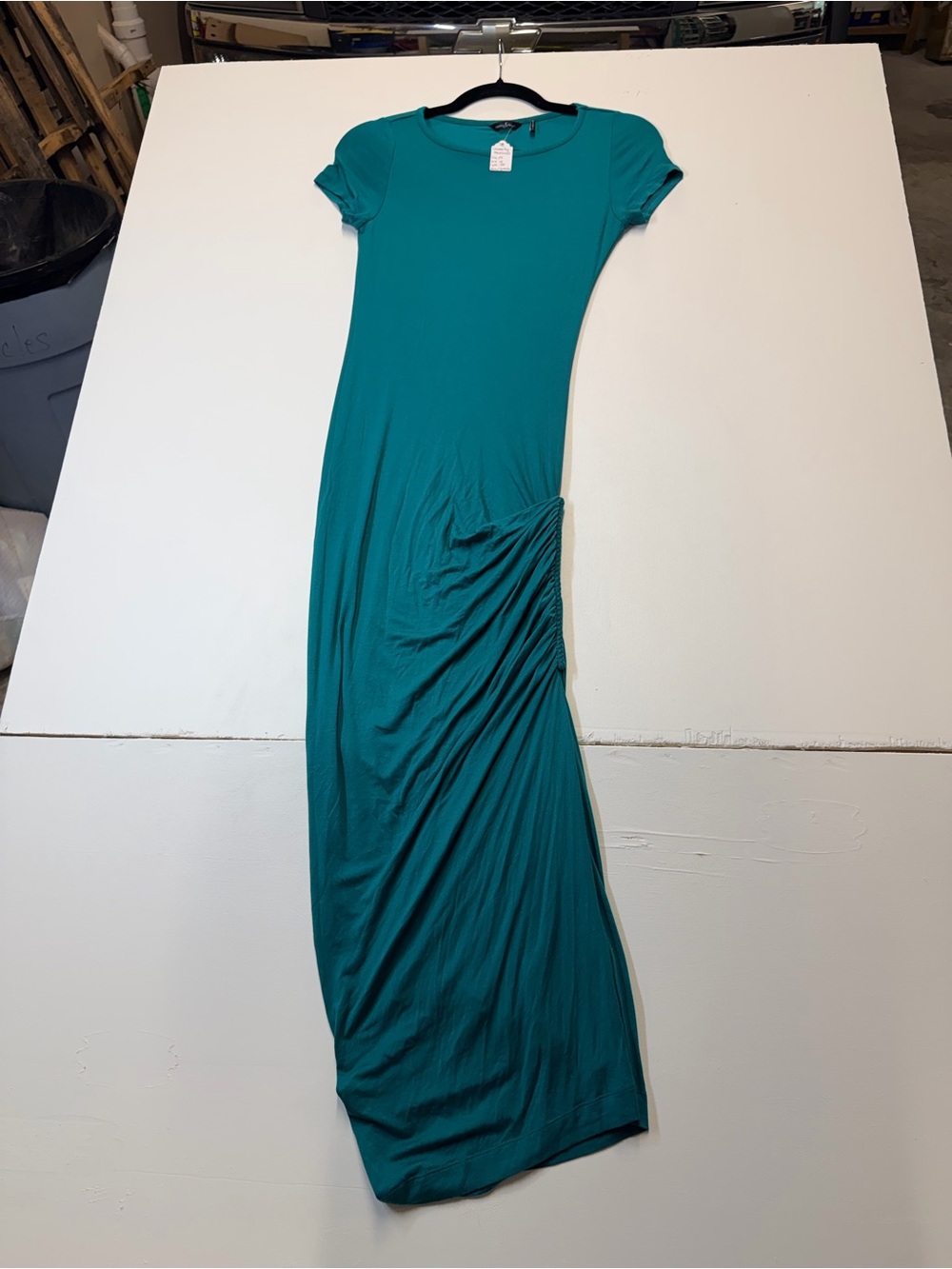 W120 Guess by Marciano Teal Short Sleeve Ruched Maxi Dress